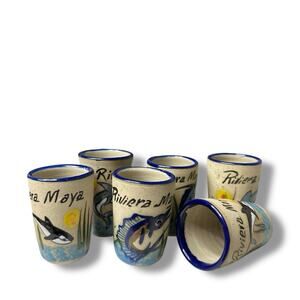Riviera Maya Stoneware Shot Glass or Espresso Hand Painted Fish Made In Mexico